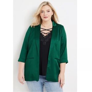NWT Maurices Plus Size Versa Satin Open Front Blazer, Mountain Pine